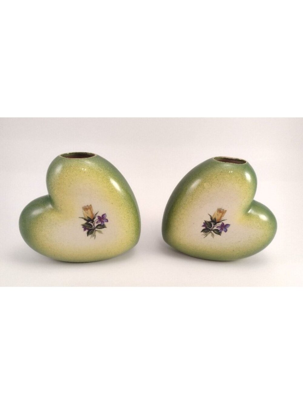 Vintage Green Floral Heart Vase Set Of 2 Flower Hand Painted Collectible Display